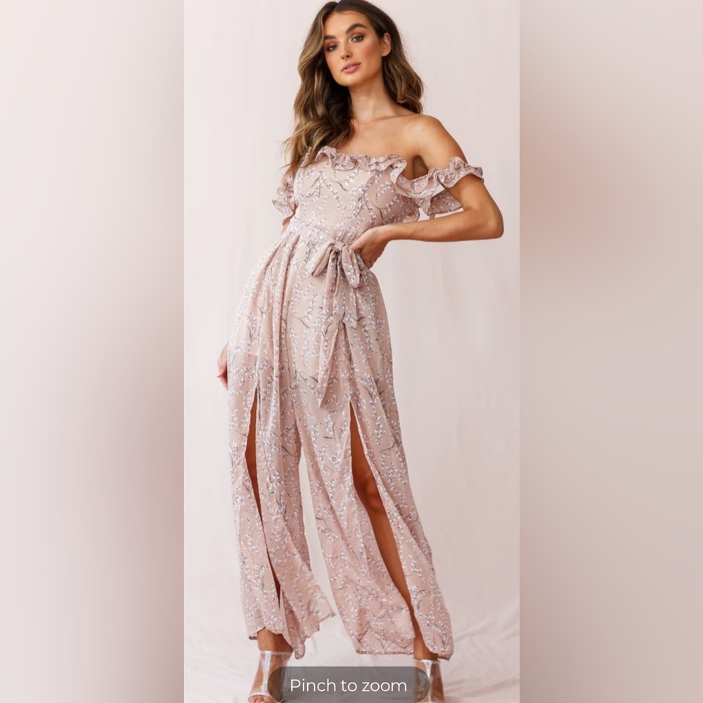 JAZZ BARDOT NECKLINE WIDE LEG SPLIT JUMPSUIT FLORAL PRINT BLUSH OFF-SHOULDERS - Picture 2 of 13